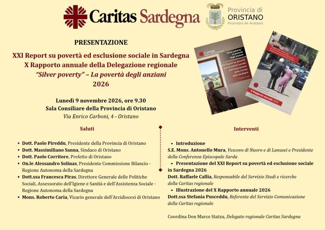 IL 9 NOVEMBRE  LA PRESENTAZIONE DEL XXI REPORT SU POVERTÀ ED ESCLUSIONE SOCIALE IN SARDEGNA E DEL X RAPPORTO ANNUALE 2026